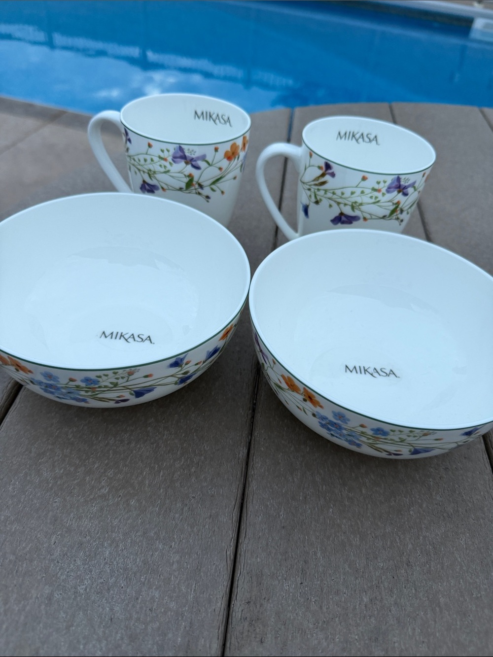 Mikasa White Porcelain Floral Bowls & Mugs Set with Blue and Orange Accents
